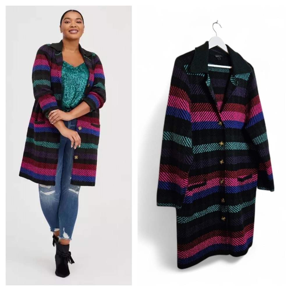 Torrid Coatigan Size 2 18/20 Notched Collar Striped Cardigan Sweater Multi-Color